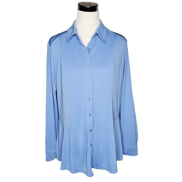 Roz & Ali Tops - Roz & Ali Blue Solid Color Collared Long Sleeve Button Down Blouse Plus Size 1X